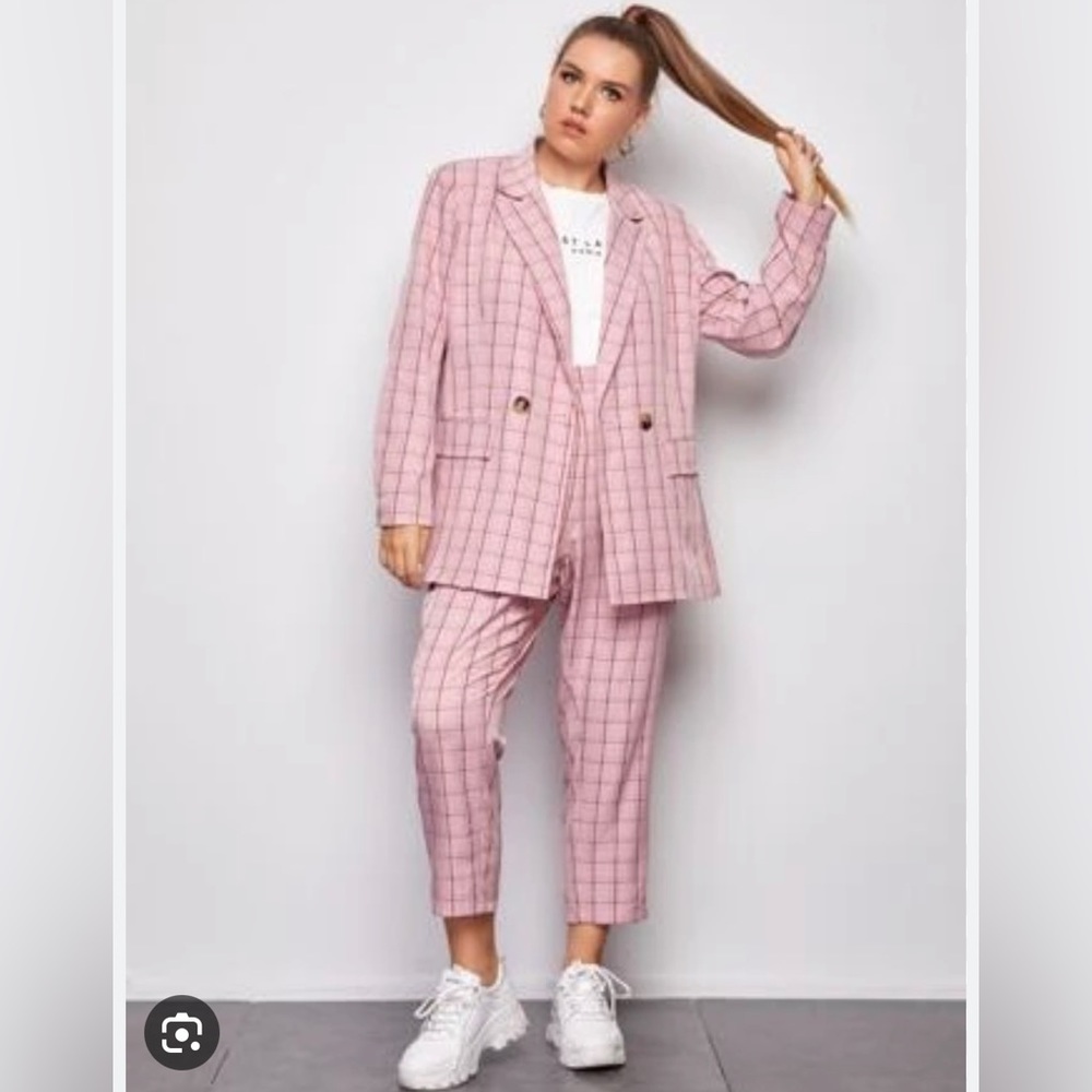 SHEIN Curve Double Button Front Plaid Blazer & Pants Set